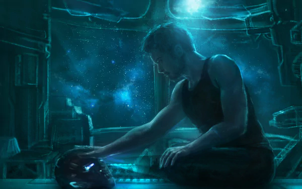 HD wallpaper featuring Tony Stark from the movie Avengers: Endgame. Depicts Tony Stark sitting in a futuristic setting, gazing at his Iron Man helmet with a cosmic background.
