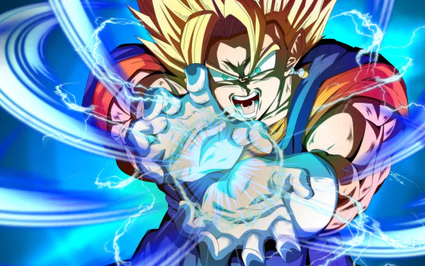 Vegito (Dragon Ball) as a Super Saiyan unleashing a crackling blue energy blast — Dragon Ball FighterZ video game art, HD PC desktop wallpaper and background.