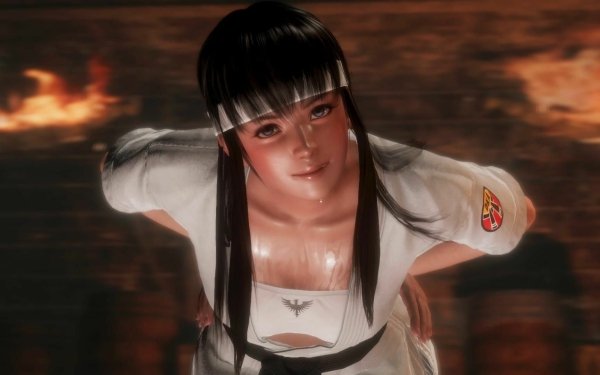HD wallpaper of a female character from Dead or Alive 6, poised for action against a fiery backdrop.