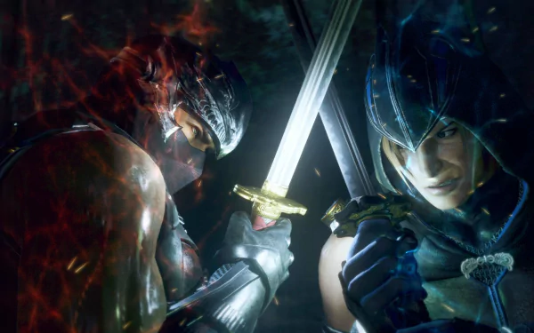 HD desktop wallpaper featuring Hayate from Dead or Alive 6 in a dynamic combat pose with a glowing sword.