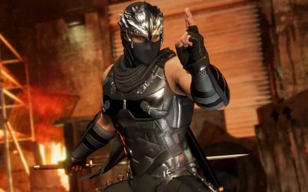 HD wallpaper of Ryu Hayabusa from Dead or Alive 6, posed with raised finger, set against an industrial backdrop with fiery elements.