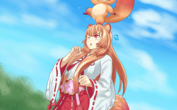 HD anime wallpaper featuring Raphtalia from The Rising of the Shield Hero, set against a bright blue sky with clouds and lush greenery.